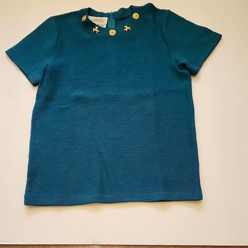 Vintage Steve Fabrikant Wool Top S Teal Gold Shell Starfish Knit NM